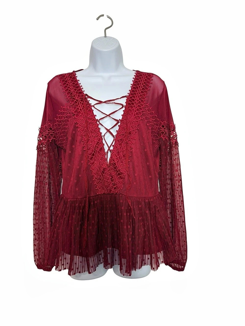 BKE Boutique Burgundy Boho Lace-Up V-neck Sheer Mesh Gothic Peplum Top SzM
